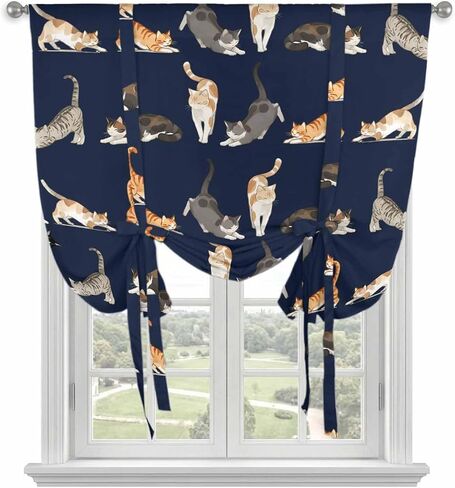 Cartoon Cats Tie Up Curtains for Kitchen Bedroom Living Room Windows, Funny Cute Kitty Animals Light Yellow Adjustable Tie-Up Shade Rod Pocket Curtain Valance Drape 1 Panel, 52"x63" in Kuwait