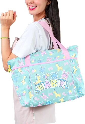 Littleforbig Large Capacity Foldable Baby Parade Overnight Diaper Bag | Kawaii Tote Bag, Multi Pocket Organizer, Easy Clean, Giraff Zipper, Vintage Print, Travel Tote, Durable, Carry Bag in Kuwait