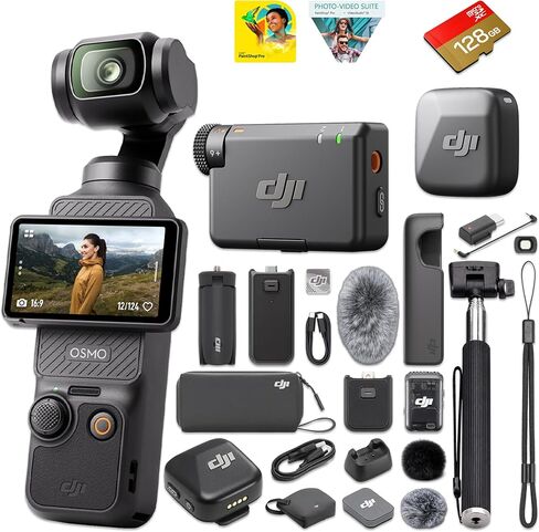 DJI Osmo Pocket 3 Creator Combo Vlog Camera & DJI Mic Mini Wireless System | 1" CMOS, 4K 120fps, Wide-Angle Lens, Battery Handle, ActiveTrack 6.0, D-Log M 10-Bit | 128GB microSD + Corel Software in Kuwait