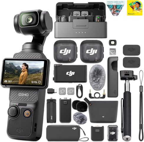 DJI Osmo Pocket 3 Creator Combo & DJI Mic 3 2-Person Wireless System | 1" CMOS, 4K 120fps, Wide-Angle Lens, Battery Handle, 32-Bit Float Audio, Timecode | Selfie Stick + Corel Software in Kuwait