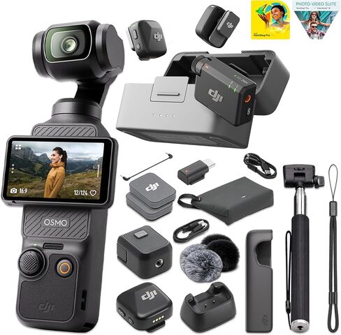 DJI Osmo Pocket 3 Gimbal Camera Mic Mini 2-Person Wireless System for Interviews | 1" CMOS, 4K 120fps, 3-Axis Stabilization, ActiveTrack 6.0, D-Log M 10-Bit | Selfie Stick + Corel Software in Kuwait