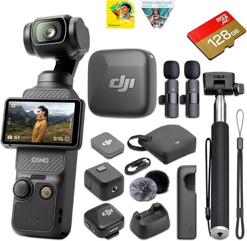 DJI Osmo Pocket 3 Vlog Camera Mic Mini Wireless Microphone | 1" CMOS, 4K 120fps, ActiveTrack 6.0, 3-Axis Gimbal, D-Log M 10-Bit | 128GB microSD Card, Wireless Mic System + Corel Software in Kuwait