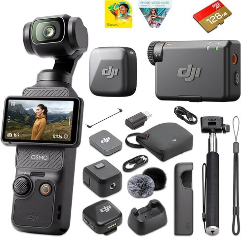 DJI Osmo Pocket 3 Vlog Camera Mic Mini Wireless System | 1" CMOS, 4K 120fps, ActiveTrack 6.0, 3-Axis Gimbal Stabilization, D-Log M 10-Bit | 128GB microSD Card, Selfie Stick + Corel Software in Kuwait