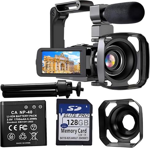4K Video Camera Camcorder with Microphone, 128 G Card, Handheld Stabilizer, Lens Hood, Tripod, 18X Zoom, IR Night Vision, 3 in Touch Screen, 2 Batteries, 56MP Digital Camera Recorder in Kuwait