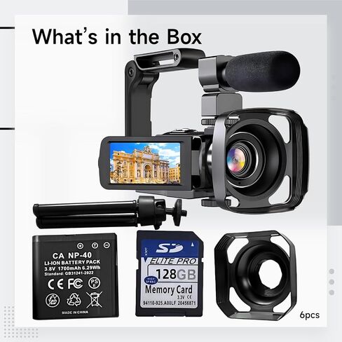 4K Video Camera Camcorder with Microphone, 128 G Card, Handheld Stabilizer, Lens Hood, Tripod, 18X Zoom, IR Night Vision, 3 in Touch Screen, 2 Batteries, 56MP Digital Camera Recorder in Kuwait
