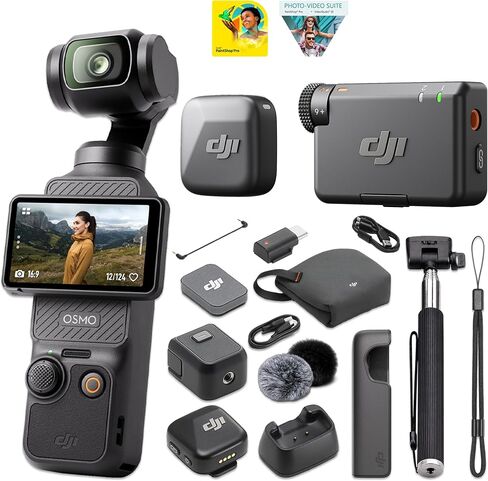DJI Osmo Pocket 3 Gimbal Camera Mic Mini Wireless System for Camera & Smartphone | 1" CMOS, 4K 120fps, 3-Axis Stabilization, ActiveTrack 6.0, D-Log M 10-Bit | Selfie Stick + Corel Software in Kuwait