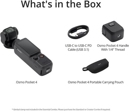 DJI Osmo Pocket 4 Essential Combo, Pocket Gimbal Vlog Camera, 1″ CMOS & 4K/240fps, 3‑Axis Stabilization, 2× Lossless Zoom, 14‑Stop Dynamic Range, 107GB Built‑in Storage, Handle with 1/4″ Thread in Kuwait