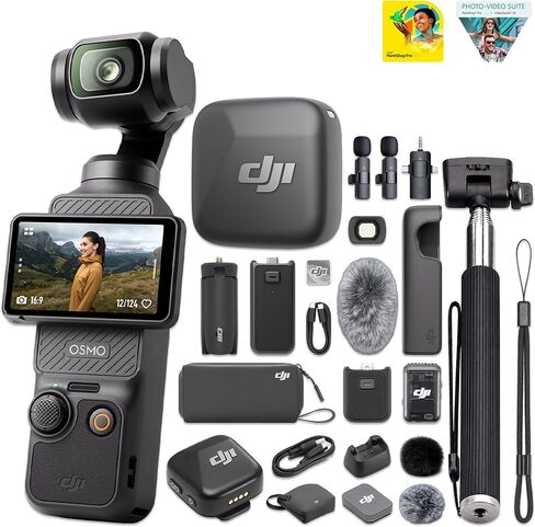 DJI Osmo Pocket 3 Creator Combo & DJI Mic Mini with 2 Condenser Mics | 1" CMOS, 4K 120fps, Wide-Angle Lens, Battery Handle, ActiveTrack 6.0, D-Log M 10-Bit | Selfie Stick + Corel Software in Kuwait