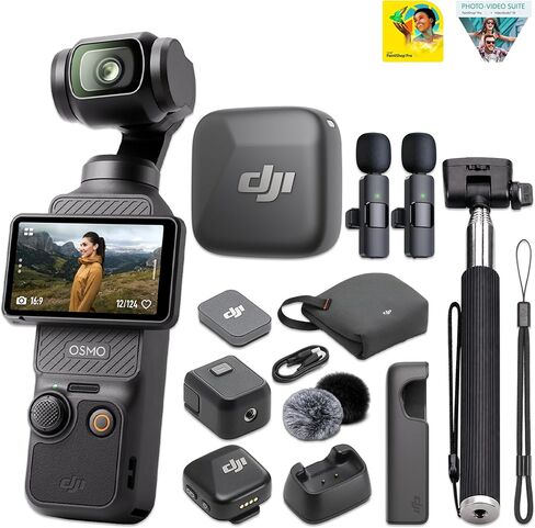 DJI Osmo Pocket 3 Gimbal Camera Mic Mini Wireless Mic | 1" CMOS, 4K 120fps, 3-Axis Stabilization, ActiveTrack 6.0, D-Log M 10-Bit | Bundle: Wireless Mic System, Selfie Stick + Corel Software in Kuwait