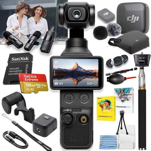 DJI Osmo Pocket 4 Standard Combo with DJI Mic Mini Clip-On Transmitter with Built-in Microphone (2.4 GHz, Infinity Black) + 128GB Extreme Memory Card + Lavalier Microphone + More in Kuwait