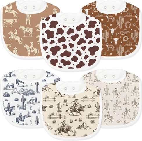 6-Pack Baby Muslin Drool Bibs for Boys, Western Cowboy Drool Bibs Soft Cotton Infants Teething Bib Extra Absorbent Adjustable Snap Feeding Bib for Newborns Infant Toddlers Cow Cactus Rodeo Theme Gift in Kuwait