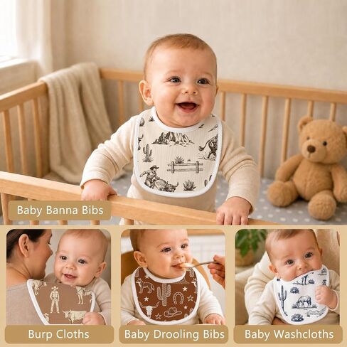 6-Pack Baby Muslin Drool Bibs for Boys, Western Cowboy Drool Bibs Soft Cotton Infants Teething Bib Extra Absorbent Adjustable Snap Feeding Bib for Newborns Infant Toddlers Cow Cactus Rodeo Theme Gift in Kuwait
