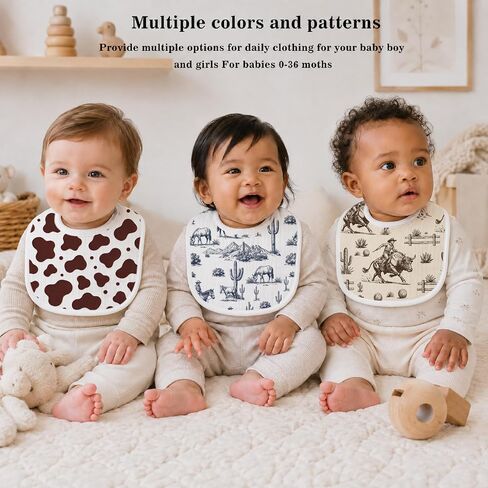 6-Pack Baby Muslin Drool Bibs for Boys, Western Cowboy Drool Bibs Soft Cotton Infants Teething Bib Extra Absorbent Adjustable Snap Feeding Bib for Newborns Infant Toddlers Cow Cactus Rodeo Theme Gift in Kuwait