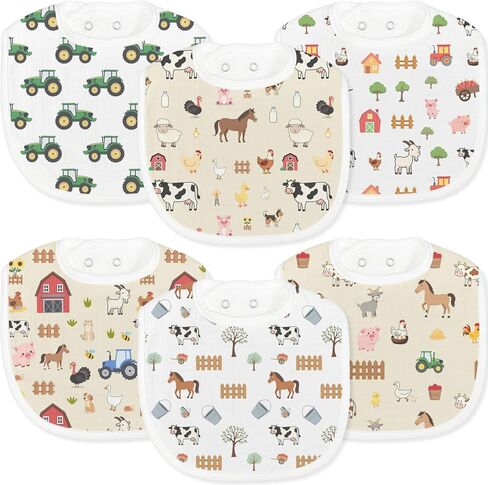6-Pack Baby Muslin Drool Bibs Farm Animal Baby Bibs Soft Cotton Infants Teething Bib Extra Absorbent Adjustable Snap Drooling Feeding Bib for Newborns Infant Toddlers Green Tractor Cow Horse Print in Kuwait