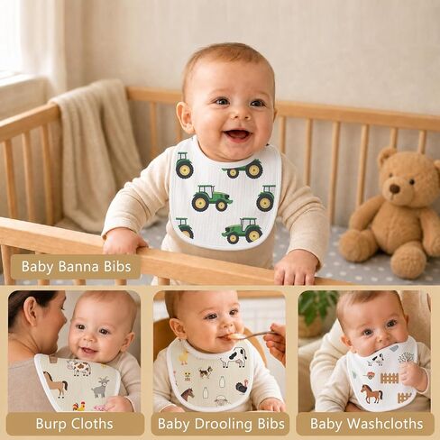 6-Pack Baby Muslin Drool Bibs Farm Animal Baby Bibs Soft Cotton Infants Teething Bib Extra Absorbent Adjustable Snap Drooling Feeding Bib for Newborns Infant Toddlers Green Tractor Cow Horse Print in Kuwait
