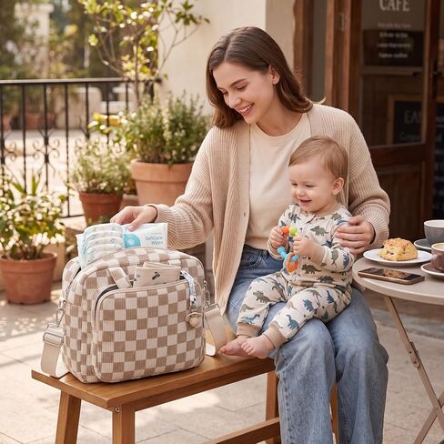 Tallew Brown Checkered Diaper Bag for Mom Small Corduroy Gingham Diaper Bag for Boys & Girls Crossbody Baby Travel Bags 6 Plaid Organized Storage Pockets for Mom and Dad in Kuwait