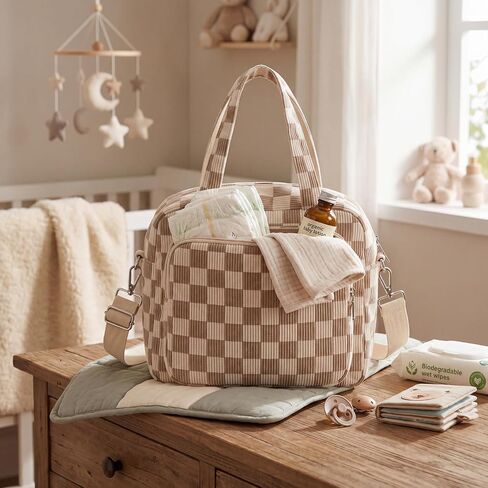 Tallew Brown Checkered Diaper Bag for Mom Small Corduroy Gingham Diaper Bag for Boys & Girls Crossbody Baby Travel Bags 6 Plaid Organized Storage Pockets for Mom and Dad in Kuwait