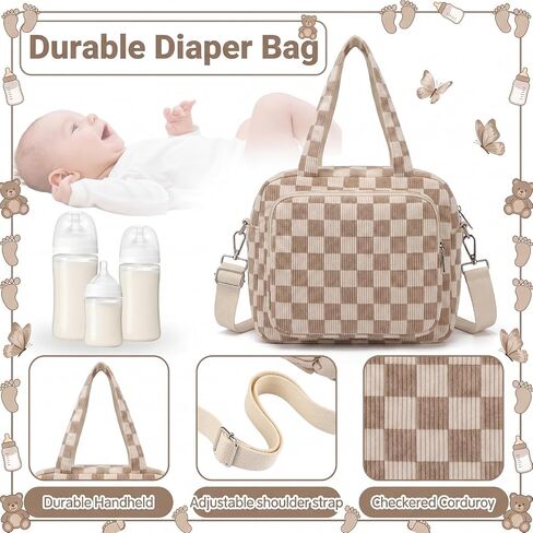 Tallew Brown Checkered Diaper Bag for Mom Small Corduroy Gingham Diaper Bag for Boys & Girls Crossbody Baby Travel Bags 6 Plaid Organized Storage Pockets for Mom and Dad in Kuwait