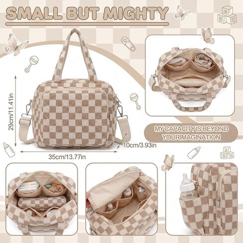 Tallew Brown Checkered Diaper Bag for Mom Small Corduroy Gingham Diaper Bag for Boys & Girls Crossbody Baby Travel Bags 6 Plaid Organized Storage Pockets for Mom and Dad in Kuwait