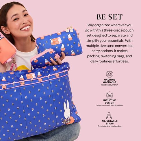 JuJuBe Miffy Flower Fields 3-Piece Makeup Bag Organizer Set, 3 Sizes (S/M/L) Nesting Travel Cosmetic & Toiletry Pouches, Zip Storage Wristlet Strap + Crossbody Strap, Diaper Bag & Carry-On Organizer in Kuwait