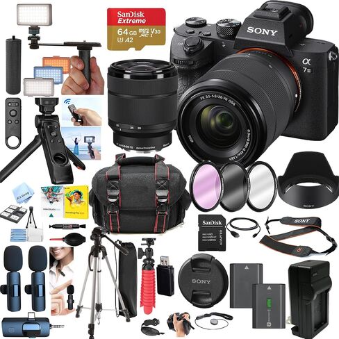 Sony a7 III Mirrorless Camera with FE 28-70mm Lens, 24.2MP Full-Frame 4K, Bundle with 64GB SD Card, Dual Wireless Microphones, Tripod, LED Light & Accessories (Renewed) in Kuwait