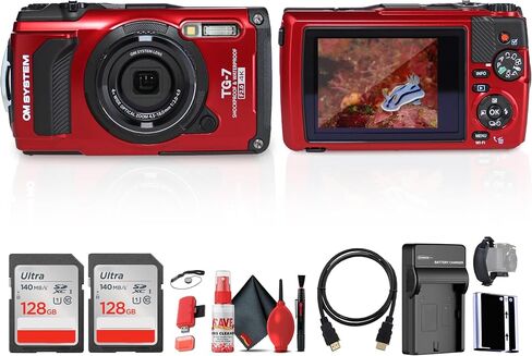 OM SYSTEM Tough TG-7 Digital Camera (Red) (V110030RU000) Bundle Including: 2X 128 GB Memory Card, Rechargeable Battery, Battery Charger, HDMI Cable, Card Reader, Hand Strap, Cap Keeper, Cleaning Kit in Kuwait