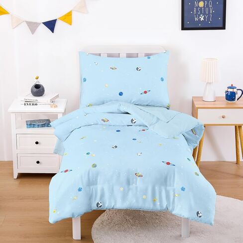 Wake In Cloud - Toddler Bedding Set for Boys Girls, 100% Cotton Fabric, Galaxy Print with Stars Space Rockets, 4 Pieces Soft Crib Bed Set Including Comforter, Sheets and Pillowcase, Light Blue in Kuwait