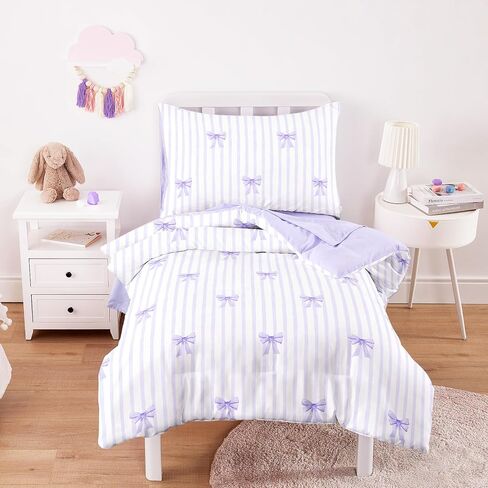 Wake In Cloud - Toddler Bedding Set for Girls, Vertical Stripes with Cute Bows, 4 Pieces Soft Crib Bed Set Including Comforter, Sheets and Pillowcase, Light Purple in Kuwait