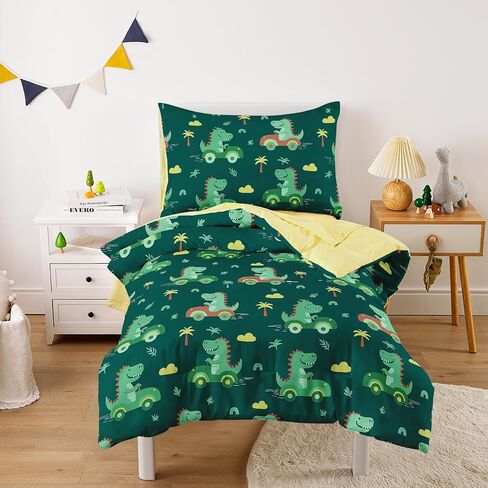 Wake In Cloud - Dinosaur Toddler Bedding Set for Boys, Cute Dino Driving Cars, 4 Pieces Soft Crib Bed Set Including Comforter, Sheets and Pillowcase, Forest Green in Kuwait