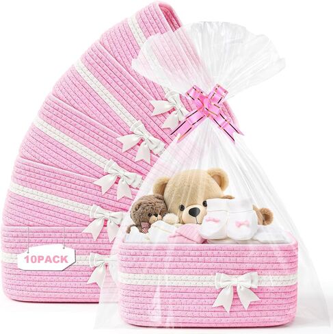 10 Pack Empty Gift Baskets, 12x8x5 Small White Woven Cotton Rope Baskets with Gift Bags & Ribbons, Decorative Baby Shower Hamper, Nursery Storage Basket with Handles for Shelves in Kuwait