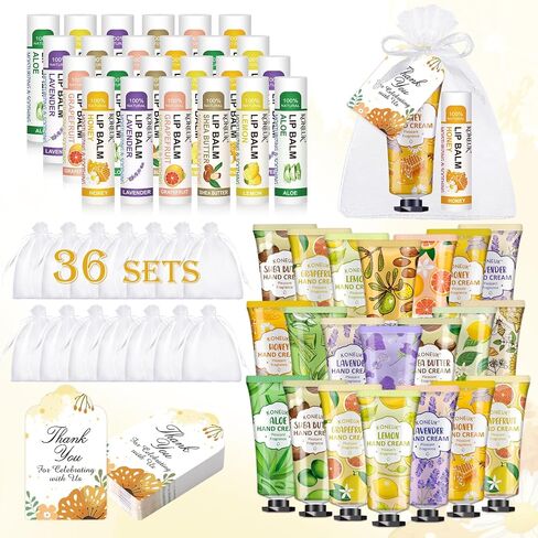 KONEUK 36 Pack Hand Cream Bulk and Lip Balm Bulk Sets, Party Favors, Thank You Gifts and Birthday Gifts with Thank You Card Organza Bags, Teacher Appreciation Gifts and Bridal Shower Favors in Kuwait