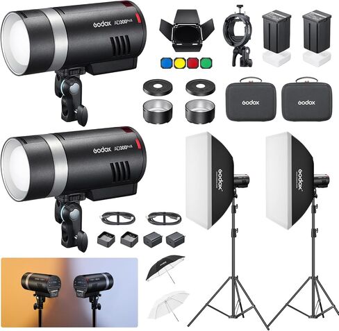 Godox AD300 Pro II 2-Light Outdoor Flash Strobe Kit, Godox 600W 2.4G TTL HSS Portable Monolights with Godox S3 Brackets, Softbox & Light Stands for Wedding, Studio, Portrait Photography in Kuwait