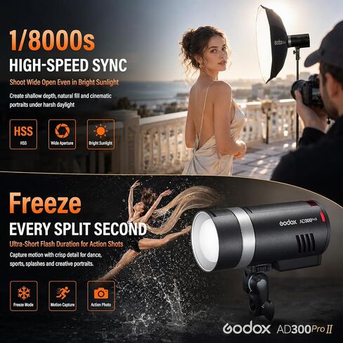 Godox AD300 Pro II 2-Light Outdoor Flash Strobe Kit, Godox 600W 2.4G TTL HSS Portable Monolights with Godox S3 Brackets, Softbox & Light Stands for Wedding, Studio, Portrait Photography in Kuwait