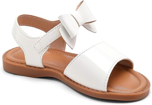 Girls' Flat Sandals, White, Rainbow Floral Detail, Open Toe, Hook and Loop Closure, Toddler/Little Kid/Big Kid in Kuwait