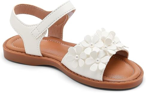 Girls' Flat Sandals, White, Rainbow Floral Detail, Open Toe, Hook and Loop Closure, Toddler/Little Kid/Big Kid in Kuwait