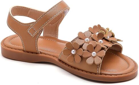Girls' Flat Sandals, White, Rainbow Floral Detail, Open Toe, Hook and Loop Closure, Toddler/Little Kid/Big Kid in Kuwait