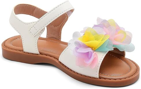 Girls' Flat Sandals, White, Rainbow Floral Detail, Open Toe, Hook and Loop Closure, Toddler/Little Kid/Big Kid in Kuwait