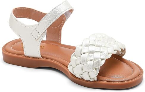 Girls' Flat Sandals, White, Rainbow Floral Detail, Open Toe, Hook and Loop Closure, Toddler/Little Kid/Big Kid in Kuwait