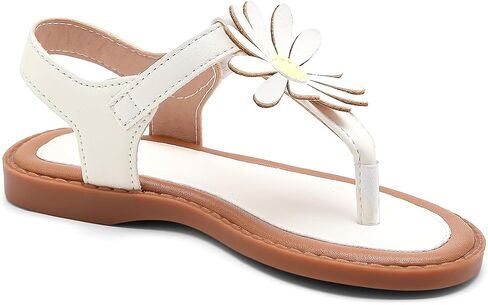 Girls' Flat Sandals, White, Rainbow Floral Detail, Open Toe, Hook and Loop Closure, Toddler/Little Kid/Big Kid in Kuwait