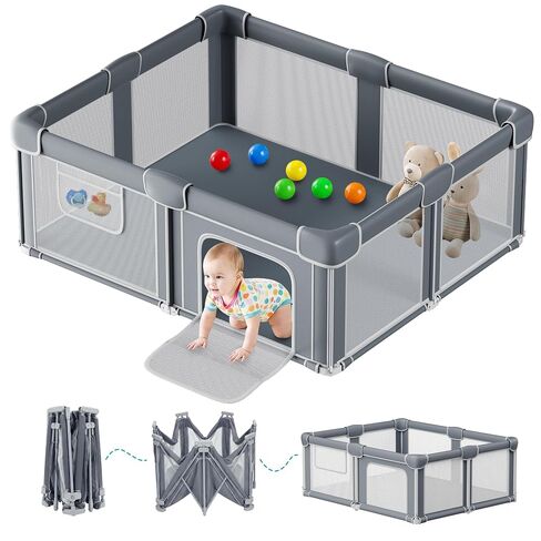 Foldable Baby Playpen with Mat, 71x59 Inches, Grey | Visible mesh, collapsible, portable, indoor/outdoor, for babies & toddlers in Kuwait
