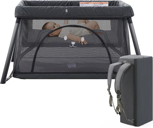 Travel Crib, Portable Crib for Baby, Pack and Play for Babies and Toddler, Lightweight Backpack Design,Foldable Travel Baby Playpen with Mattress(Dark Grey) in Kuwait