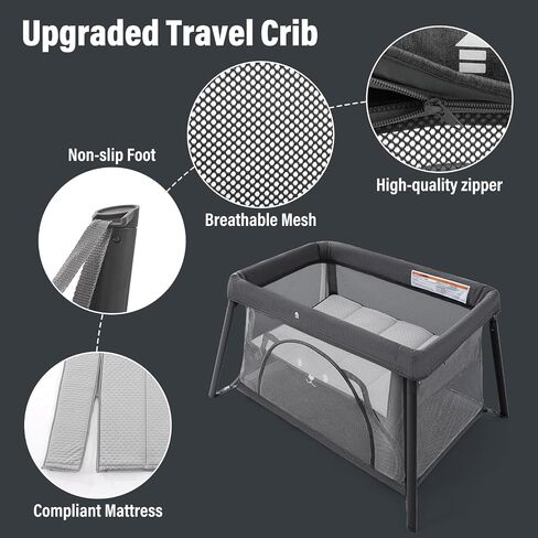 Travel Crib, Portable Crib for Baby, Pack and Play for Babies and Toddler, Lightweight Backpack Design,Foldable Travel Baby Playpen with Mattress(Dark Grey) in Kuwait
