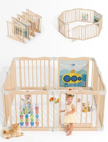 Foldable Wooden Playpen - Adjustable Wood Baby Play Yard with Child-Proof Lock, Indoor Large Safety Fence for Babies and Toddlers - Easy Assembly, 55 x 55 x 24 inches, Ocean Adventure, Natural in Kuwait