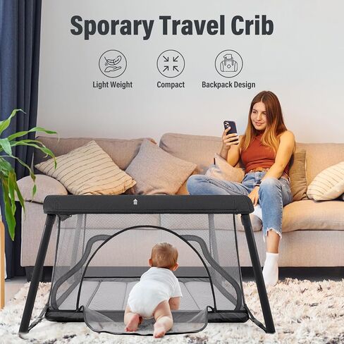 Travel Crib, Portable Crib for Baby, Pack and Play for Babies and Toddler, Lightweight Backpack Design,Foldable Travel Baby Playpen with Mattress(Dark Grey) in Kuwait