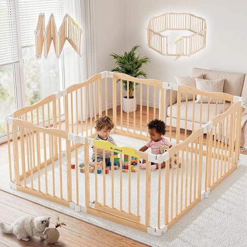 Foldable Wooden Playpen - Adjustable Wood Baby Play Yard with Door, Indoor Large Safety Fence for Babies and Toddlers - Easy Assembly, Natural, 55 x 55 x 24 inches in Kuwait