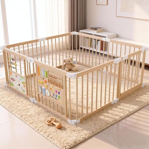 Foldable Wooden Playpen, Natural Wood Baby Playpen with Adjustable Size and Shape, Portable Includes 2 Game Boards, 10+ Toy Set, Suitable for Indoor Use (55X55X24 inchs) in Saudi Arabia