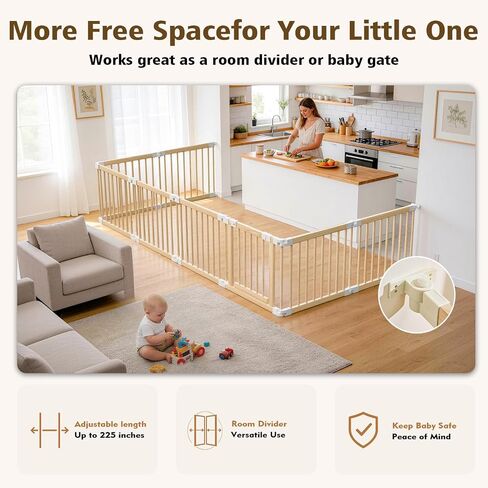 Baby Playpen, 56 * 56 * 24 inches Wooden Play Yard with Gate, Playpen for Babies and Toddlers, Baby Activity Center with Child-Proof Lock, Fence Play Area for Toddlers 6 to 36 Months in Kuwait