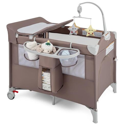 BABY JOY 5-in-1 Pack and Play, Portable Baby Bedside Sleeper with Bassinet, U-Shaped Diaper Changer, Safety Strap, Side Zipper Entrance, Hangings, Bedside Crib Playard from Newborn to Toddlers (Gray) in Kuwait