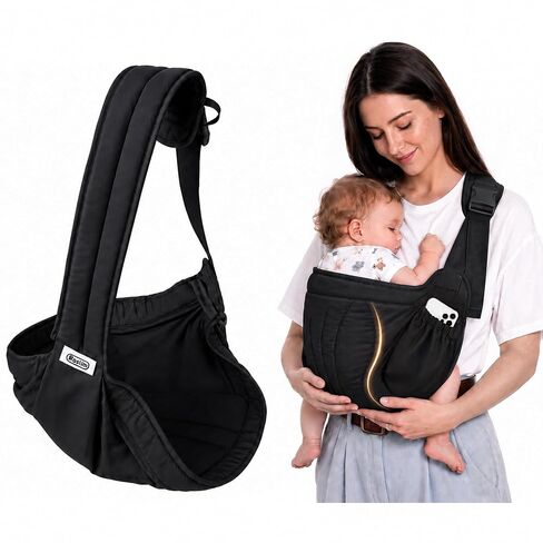 Roslim Baby Sling Carrier with Storage Pocket, Side Sling with Ergonomic Curved Design, Thickened Padded Hip Area for Baby & Waist Comfort, Adjustable Lightweight Carrier for Babies & Toddlers, Beige in Kuwait