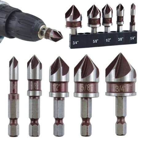 5PCS Countersink Drill Bit Set, 82 Degree HSS Counter Sink Drill Bit for Wood, Metal, Plastic, 1/4"-3/4" with 1/4" Hex Shank Countersink Bit Set, Crimson in Kuwait